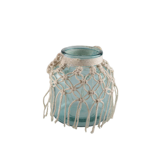 Macramé glazen vaas - blauw - H16,5